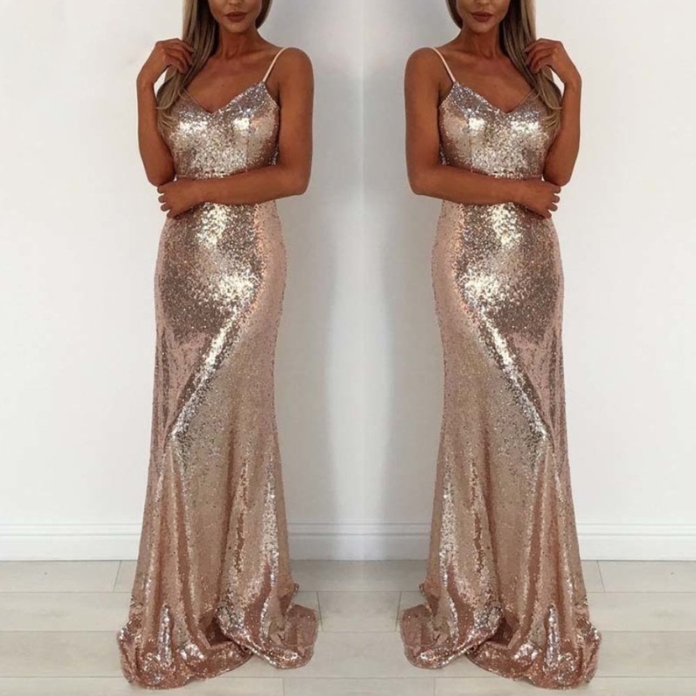 Rose Gold Sequin Open Back Cami Maxi Dress